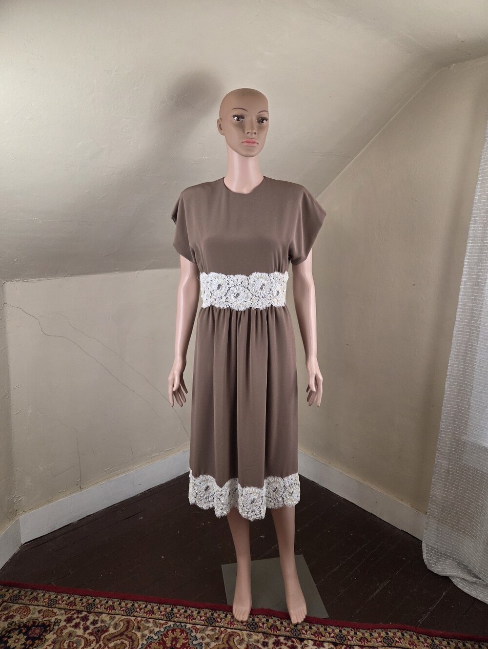 VTG William Pearson Brown Midi Dress‎ Beaded Lace Trim Made USA Size 6 70s 80s
